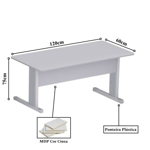 Kit Mesa 1,20×0,60 sem Gavetas Cinza - Pandin + Cadeira Secretária Fixa Courino Preto - 1402.1 - Imagem 2