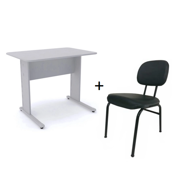 Kit Mesa 1,20×0,60 sem Gavetas Cinza - Pandin + Cadeira Secretária Fixa Courino Preto - 1402.1