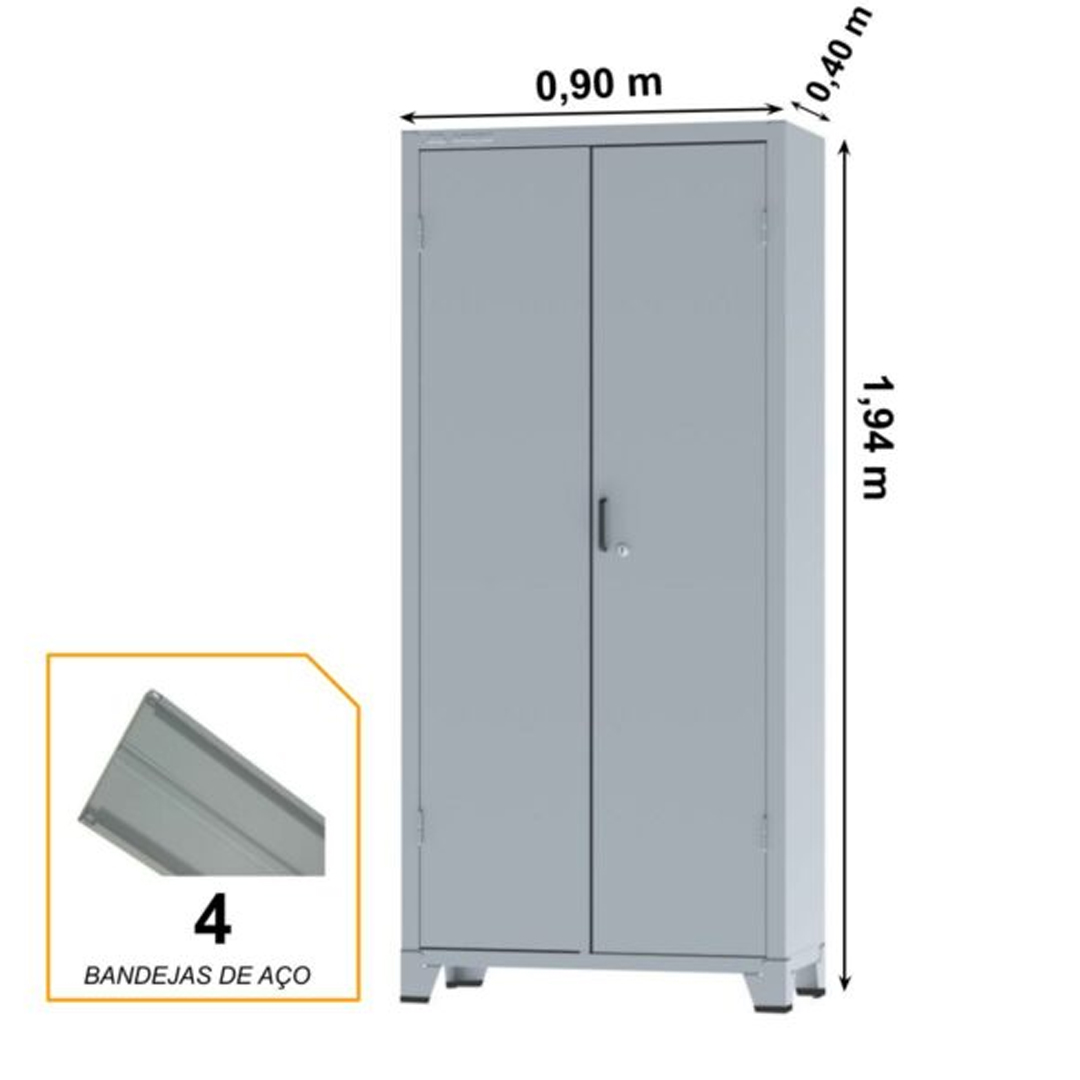 Armário de Aço cinza c/ 02 portas REFORÇADO – PA 90 1,94×0,90×0,40m – Chapa 22 - 3104 - Imagem 2