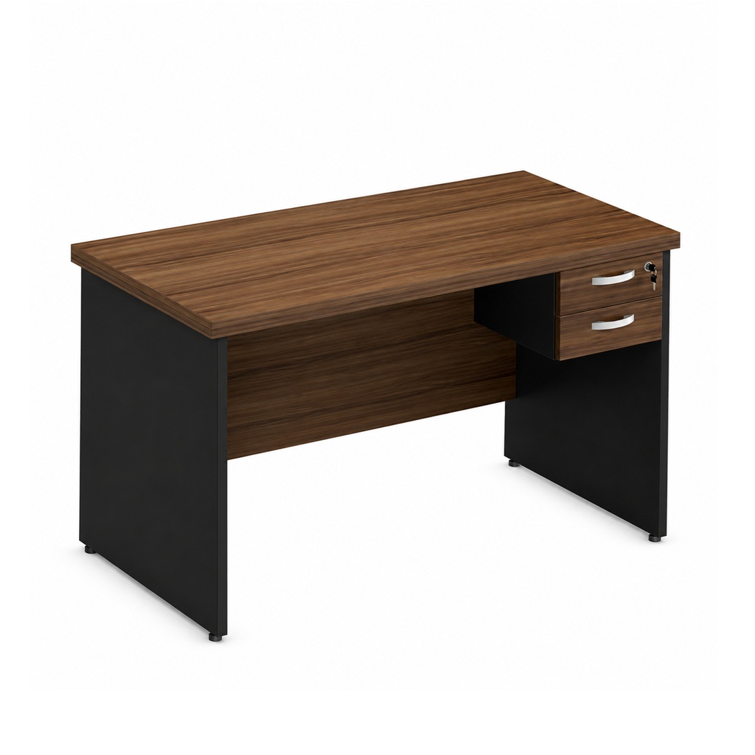 Mesa reta pé painel cor nogal/preto com gavetas 1,50x0,70x0,75 -1204