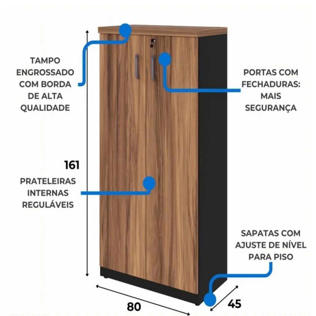 Armário Alto Fechado com 02 Portas – 1,61×0,80×0,45m– sevilha / preto -1923 - Imagem 2