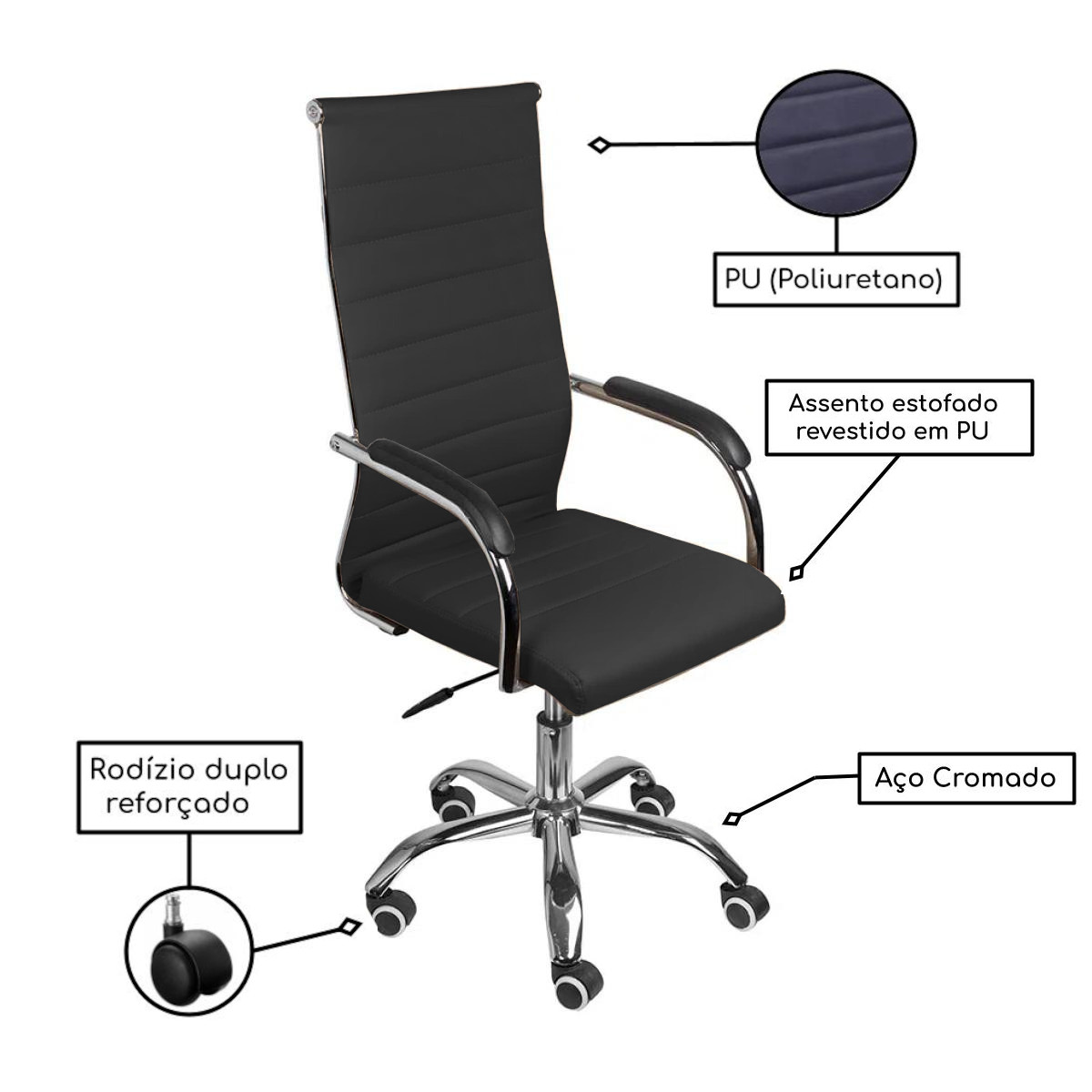 Cadeira de Escritório Florença Giratória – Base Cromada – COR PRETO – OR DESIGN - 2308 - Imagem 4