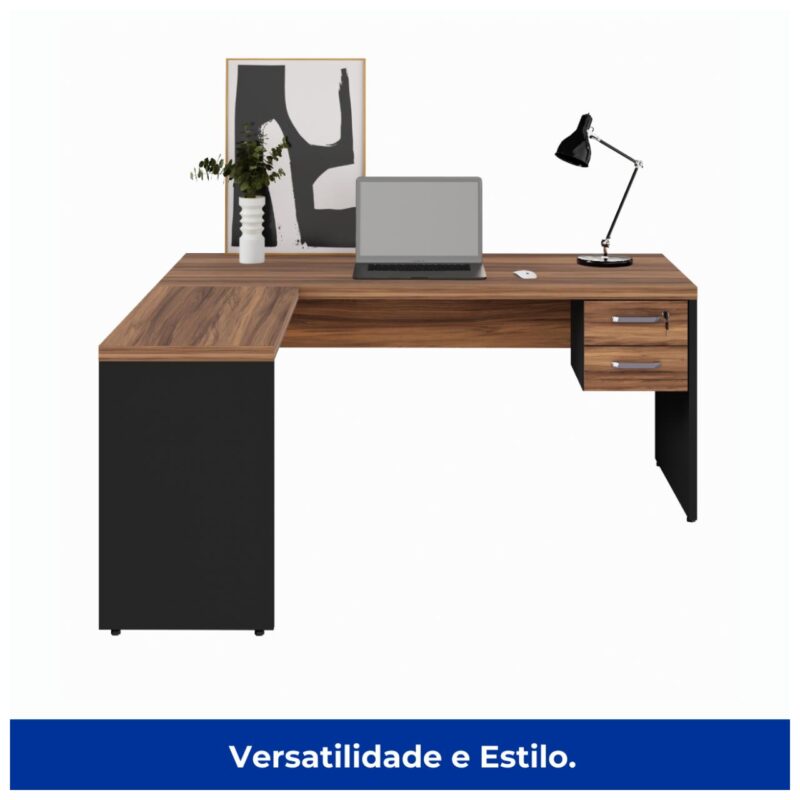 Mesa Escritório em L Mesa 1,70x1,60m com 02 Gavetas - Sevilha/Preto - 1910 - Imagem 4
