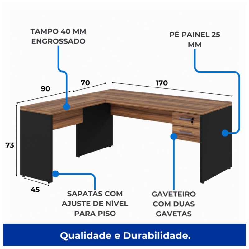 Mesa Escritório em L Mesa 1,70x1,60m com 02 Gavetas - Sevilha/Preto - 1910 - Imagem 2