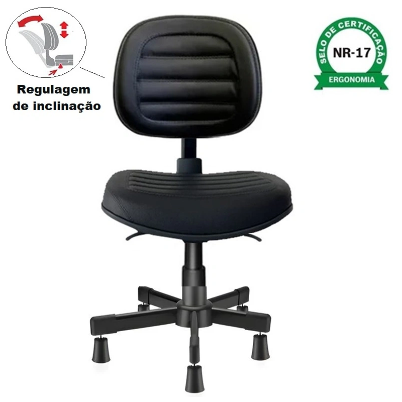 Cadeira para costureira ergonomica com aranha recuada de metal - corino preto - 2402.2